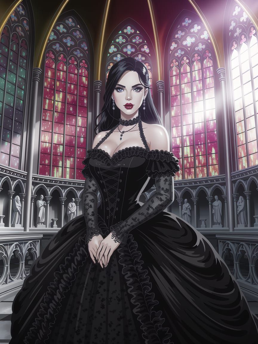 Gothic Dominican Woman in Cathedral with Stained Glass