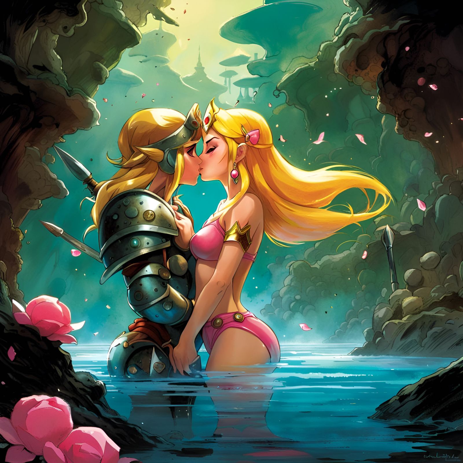 Warrior Princesses Kissing, in Skottie Young Style