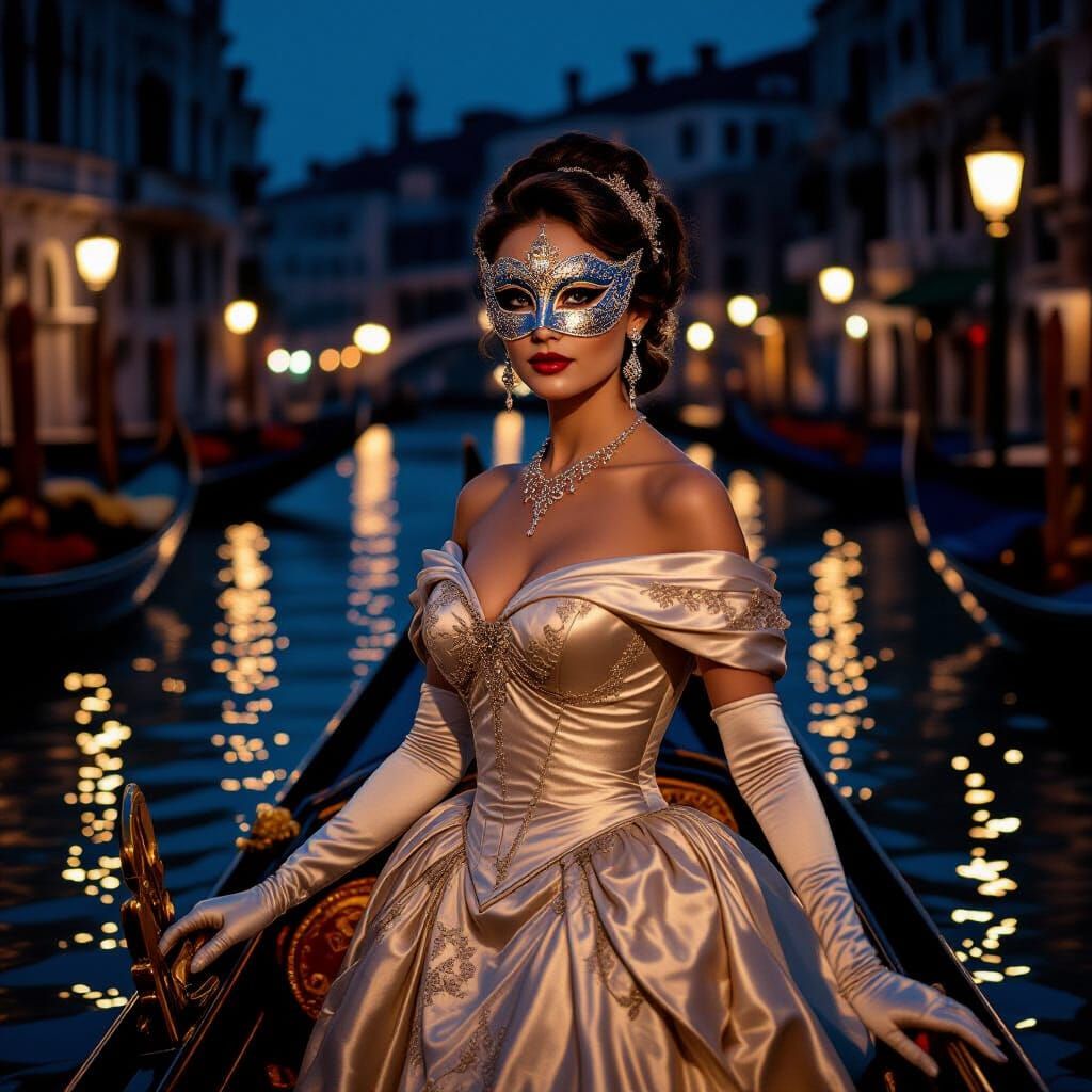 Glamorous Woman in Jeweled Venetian Mask at Night