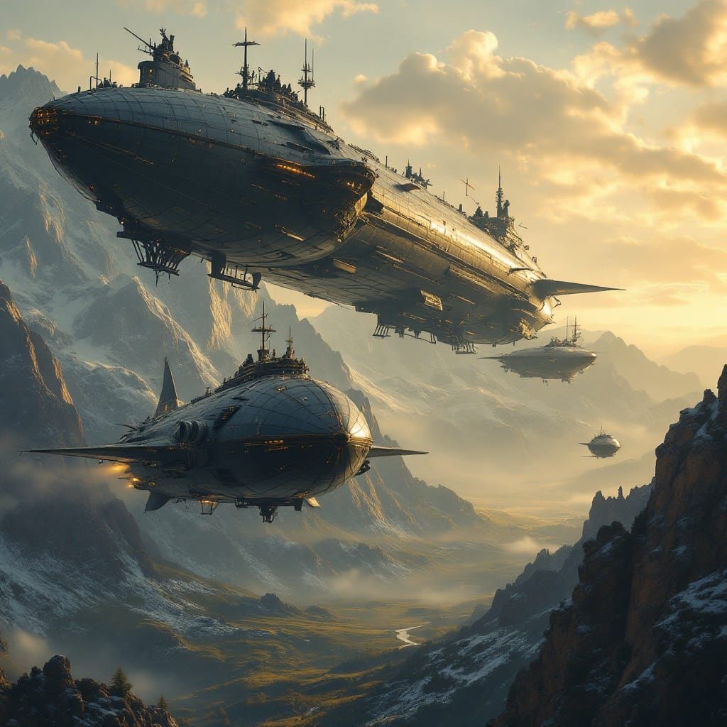Elegant Elven Airships Soar Over Majestic Mountains in Hyper...