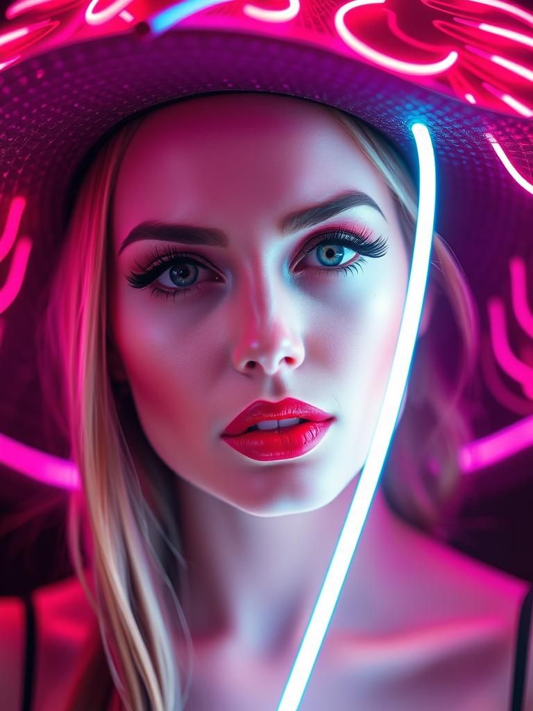 Neon Woman with Bird Hat, Digital Art