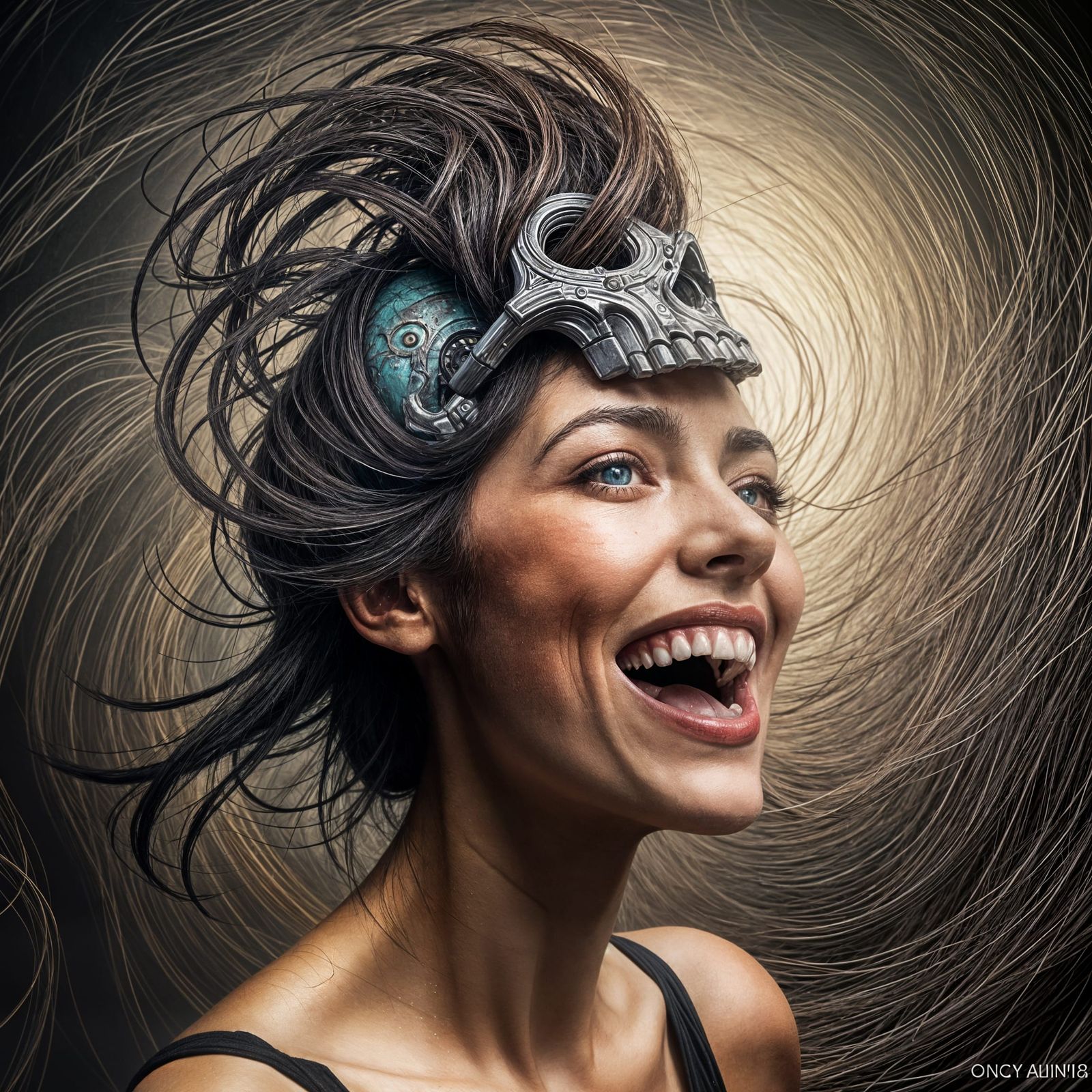 Surreal Portrait: Woman with Biomechanical Skull