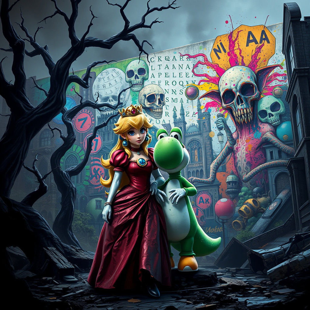 Princess Peach and Yoshi in Post-Apocalyptic Dark Fantasy