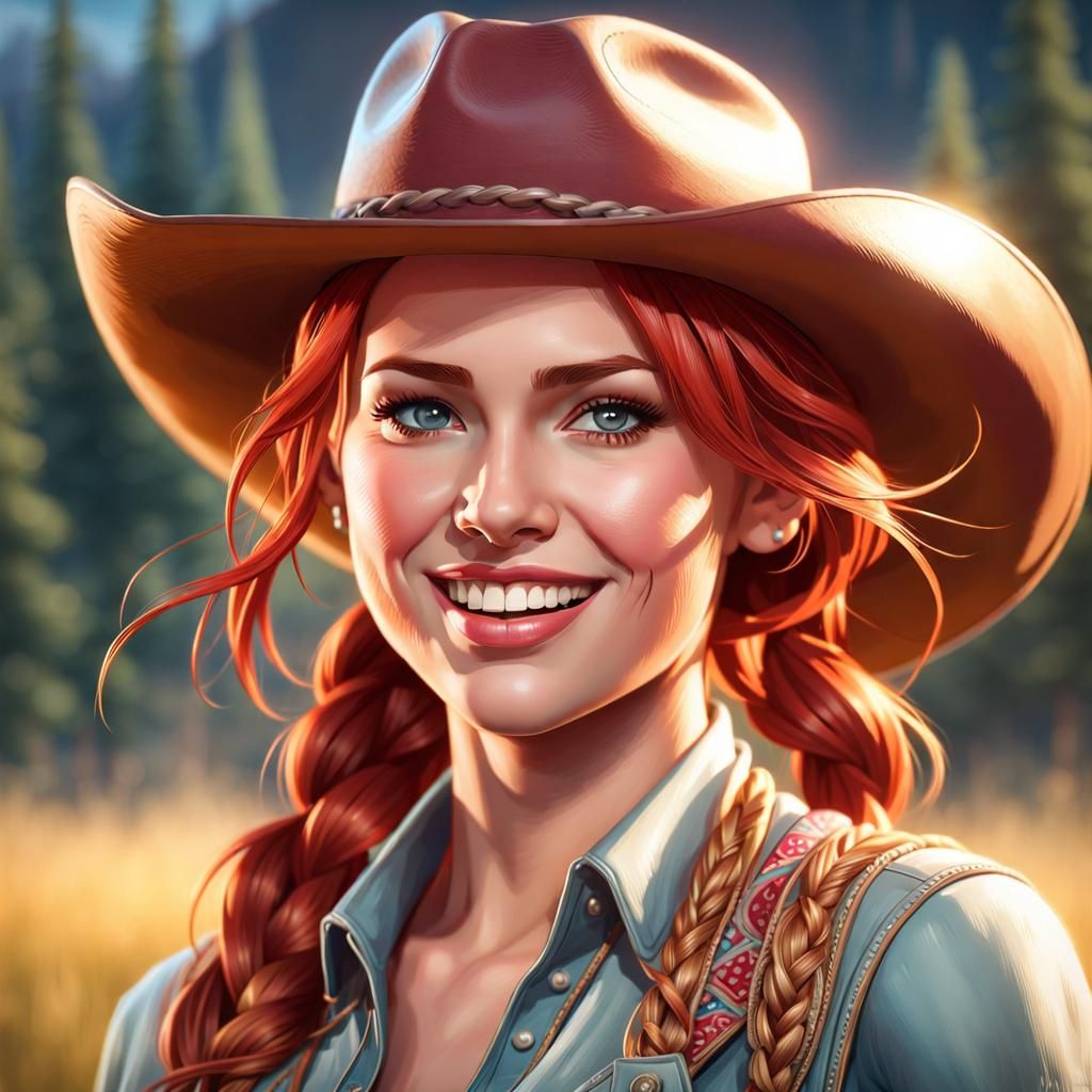 Red-Haired Cowgirl Portrait in Hyperdetailed Style