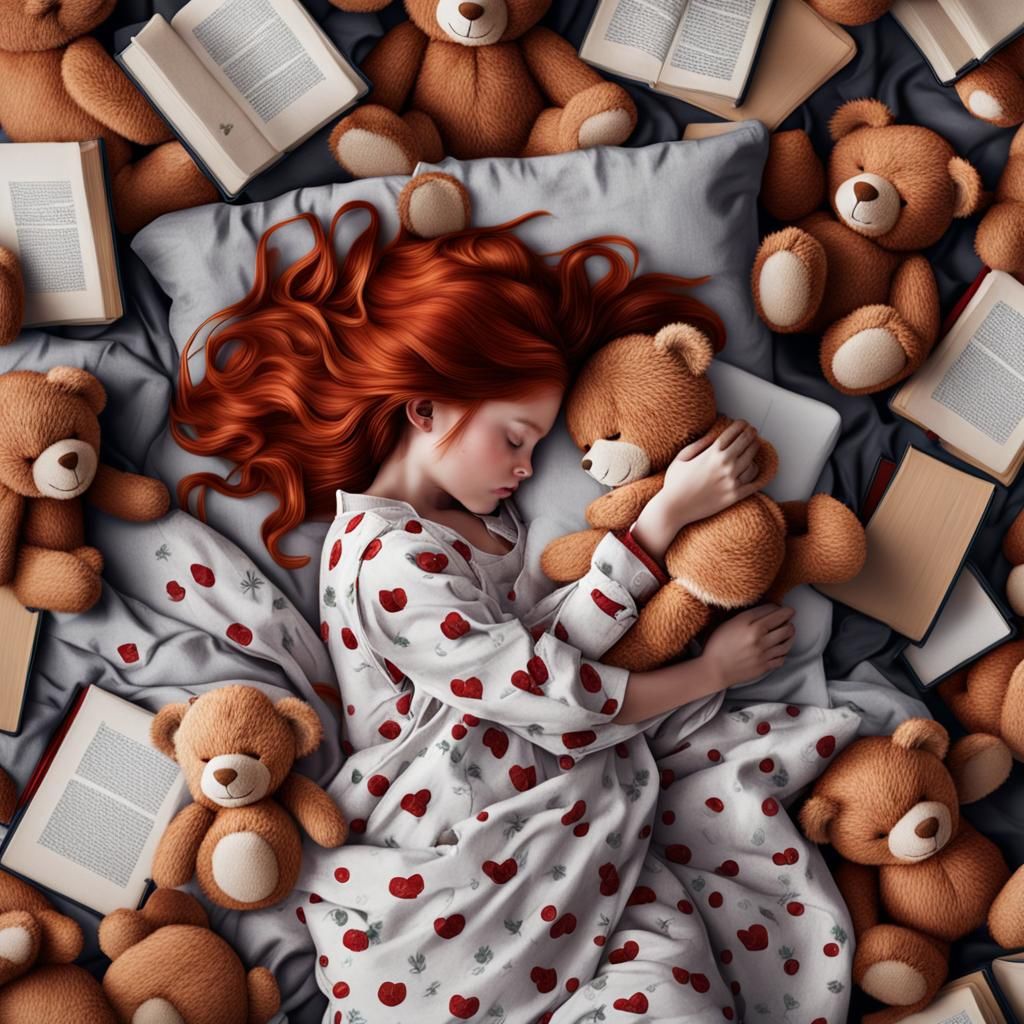 Hyperrealistic Aerial View of Sleeping Girl with Teddy