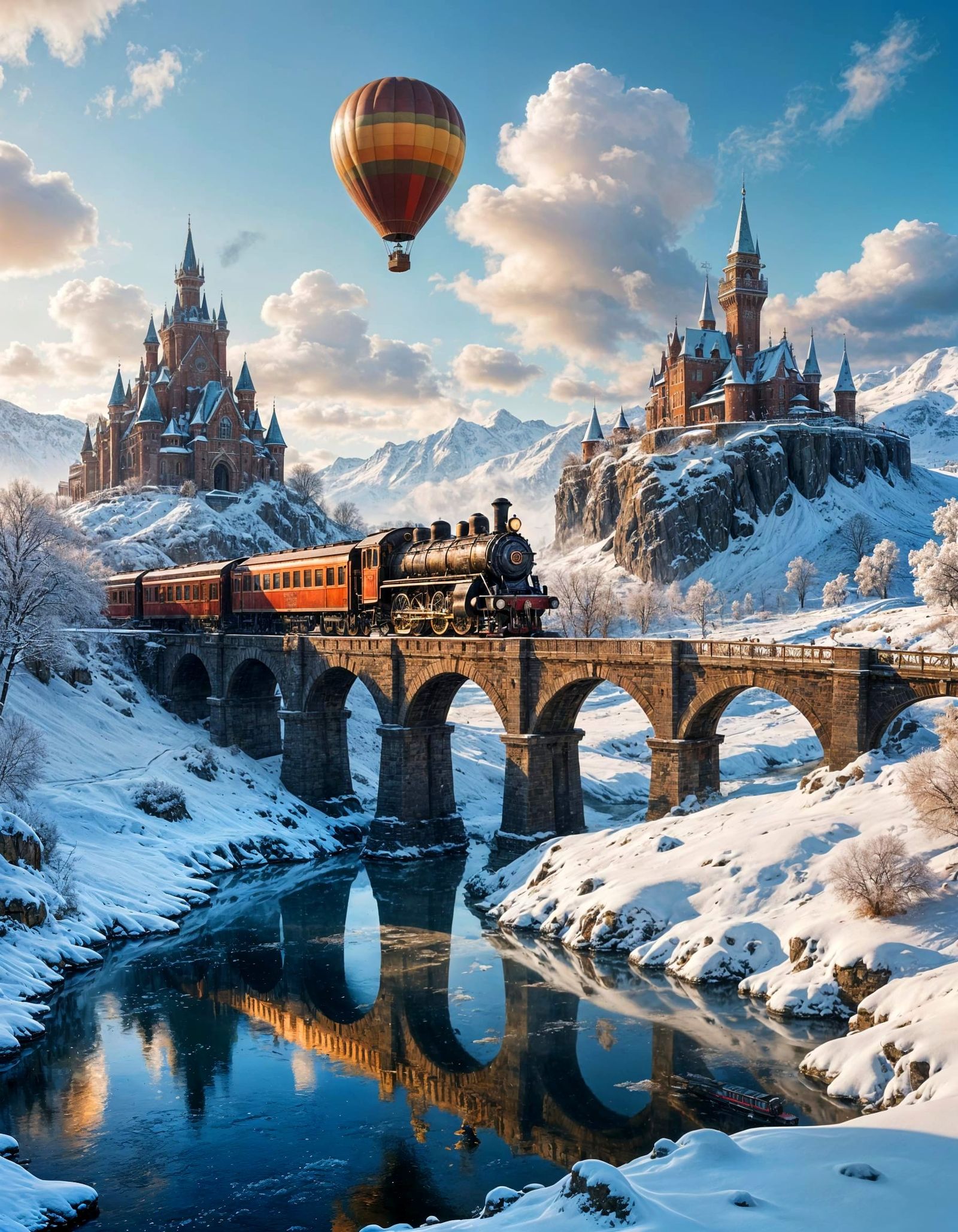 A Dreamy Steampunk Train Crossing a Snowy Bridge