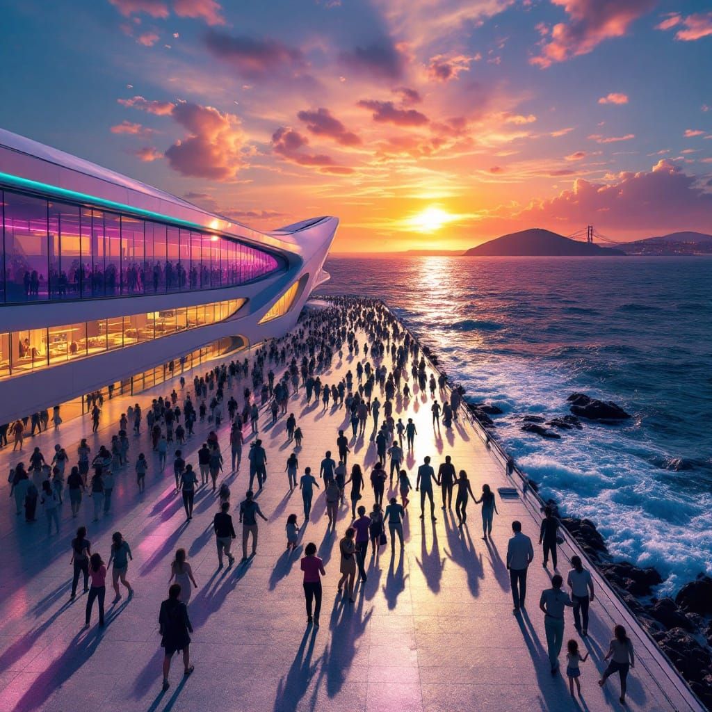 Futuristic Pier Dance at Sunset in Concept Art Style