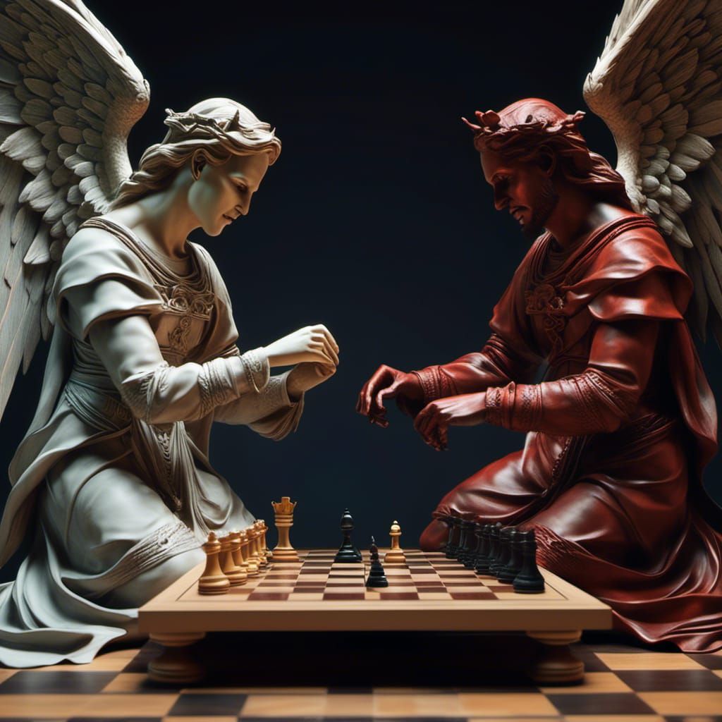 angel and devil playing chess.