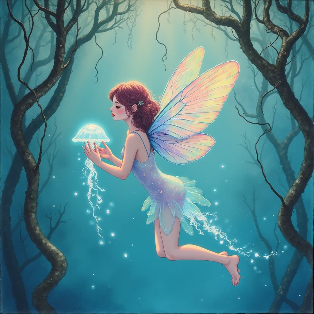 In translucent ink wash layered on handmade rice paper, a delicate fairy with frosted glass-like skin and pastel streaks...