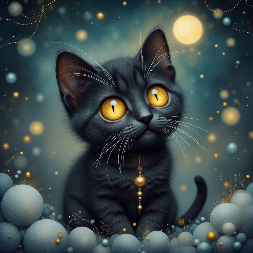 Whimsical Black Kitten with Moonlit Eyes in Watercolor Style