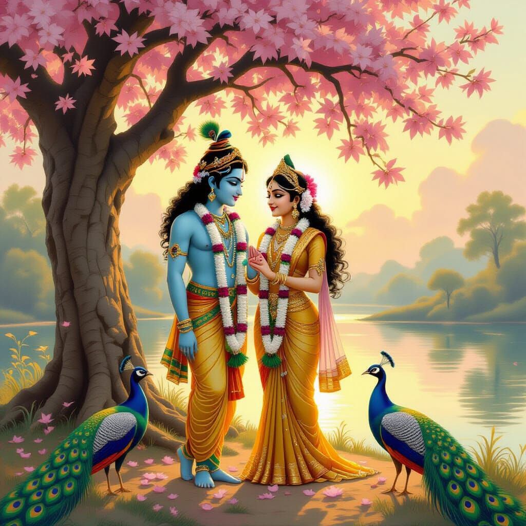 Radha-Krishna in Vrindavan: Golden Light and Peacocks