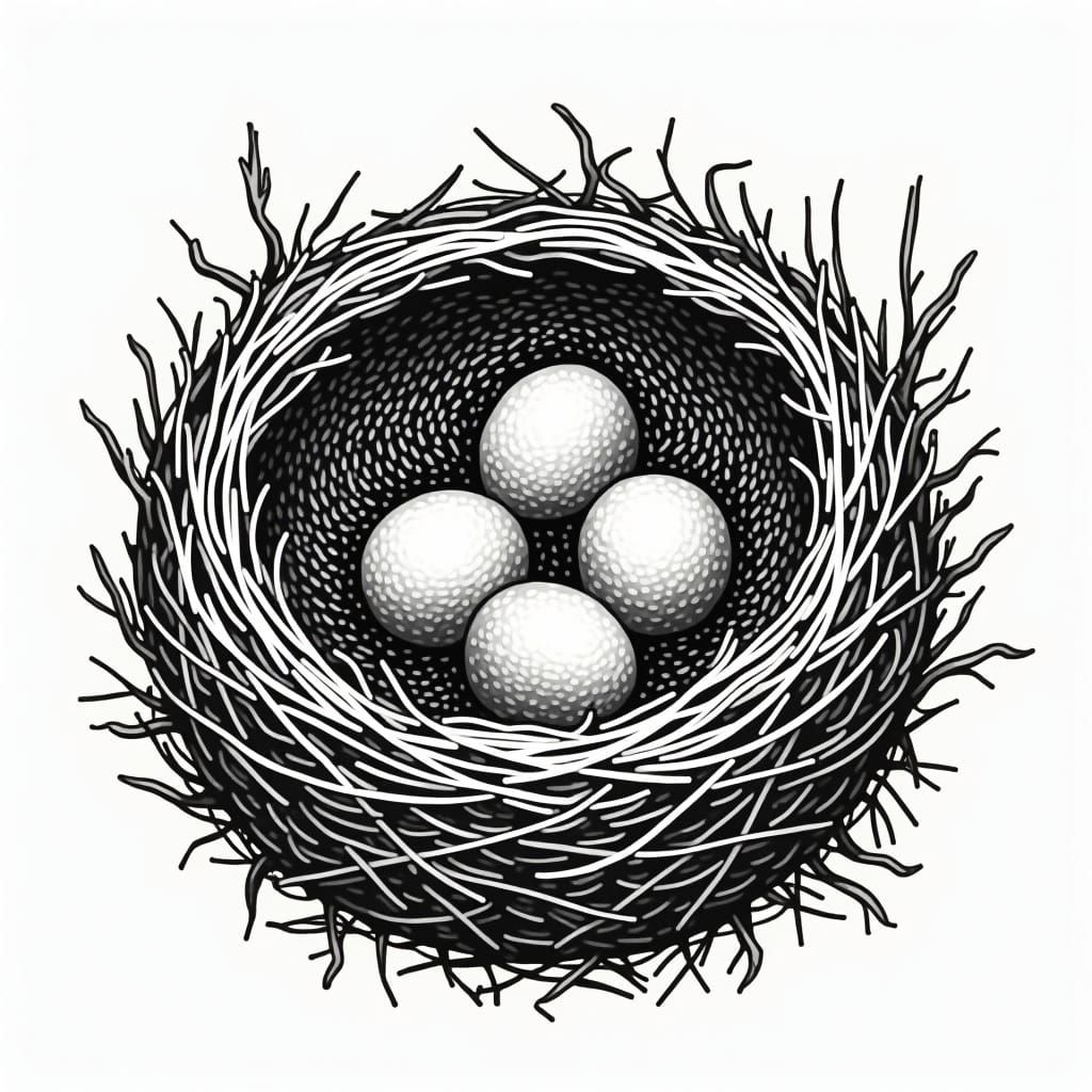 Woodcut. The nest of a black-capped chickadee is typically a cozy, cup-shaped structure found in tree cavities or man-ma...