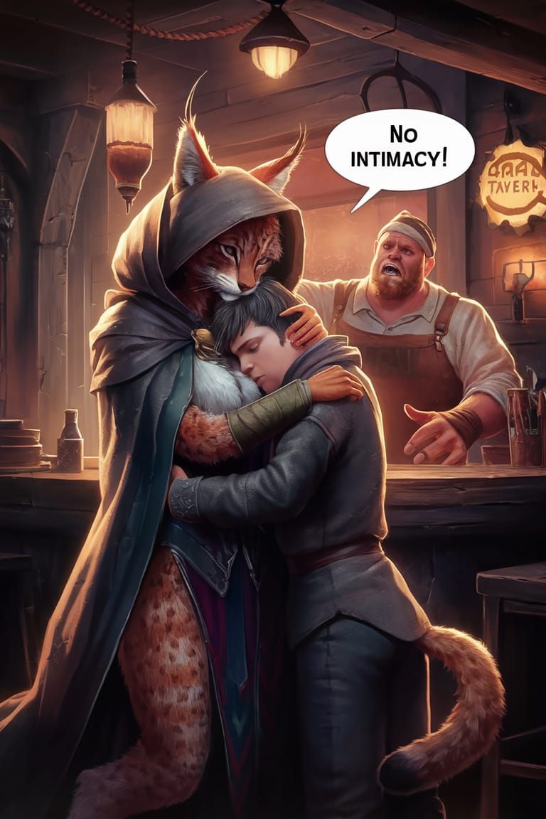 Anime Lynx Woman Hug in Fantasy Tavern