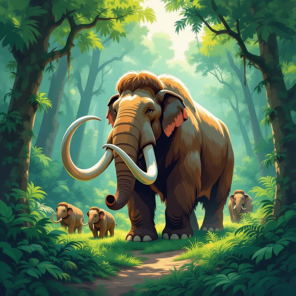 Woolly Mammoth in Lush Jungle, Art Nouveau Digital Painting