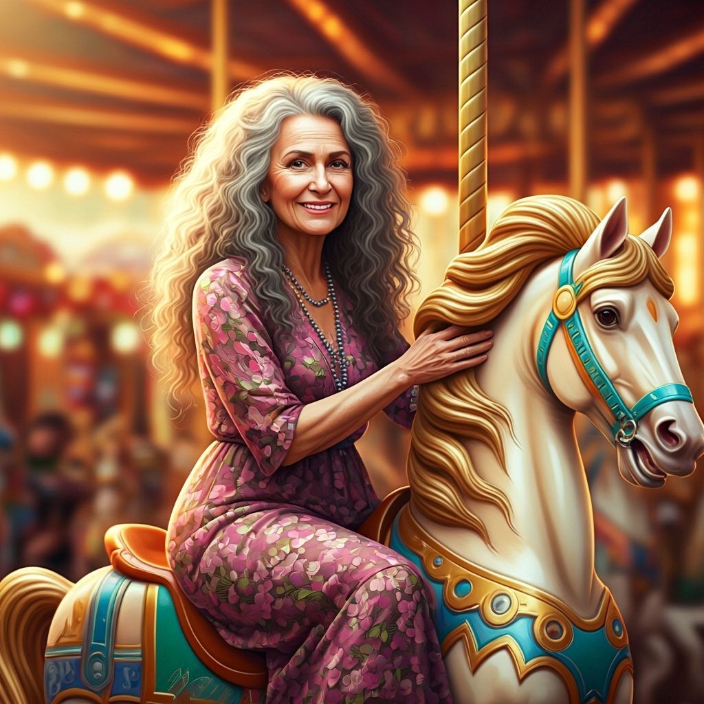 Woman on Carousel Horse in Digital Dreamscape Style