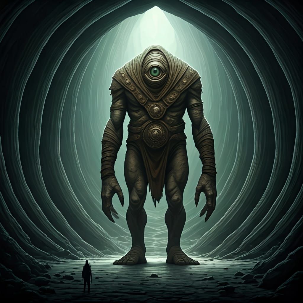 Colossal One-Eyed Monster in Cave, Fumetto Style