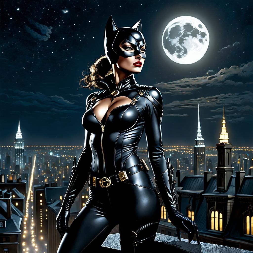 Catwoman Over Gotham in Digital Baroque Style