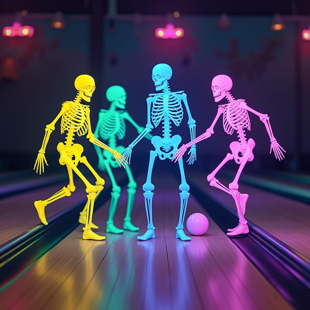 Skeletal Bowling Scene in Vibrant Colors