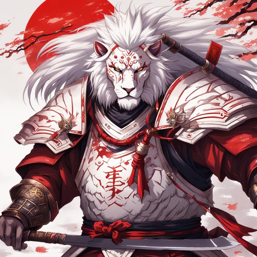 Fierce Lion Samurai in White Armor, Anime Style