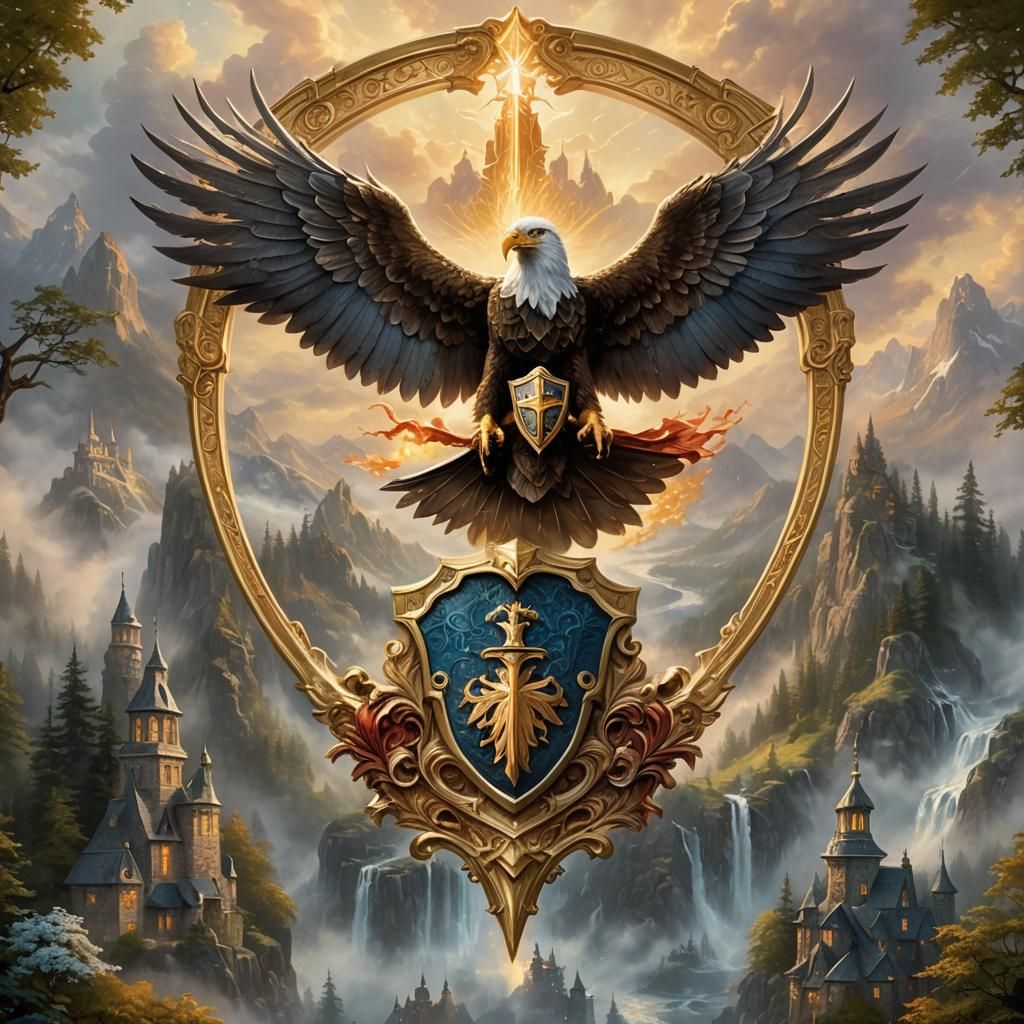 Golden Family Crest with Eagle and Flaming Sword