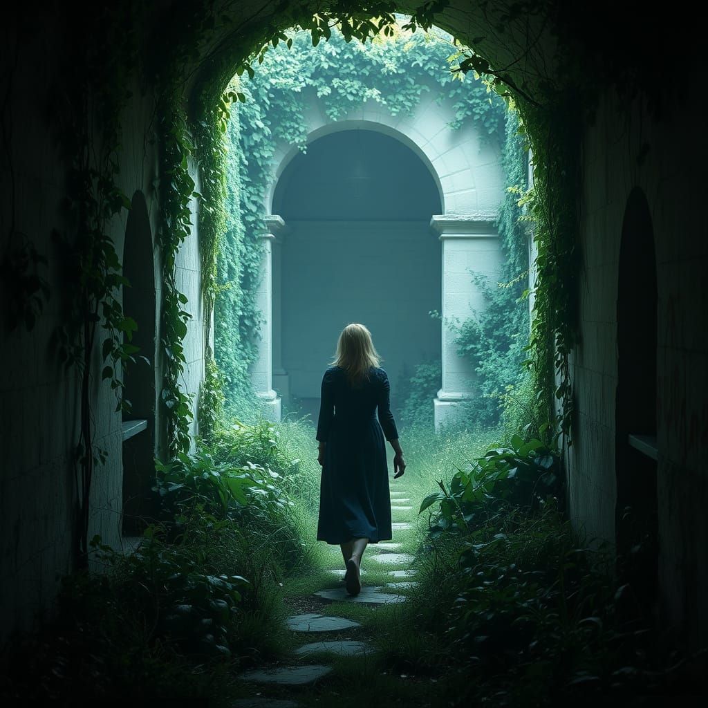 Woman in Overgrown Gallery: Dreamy Romantic Landscape