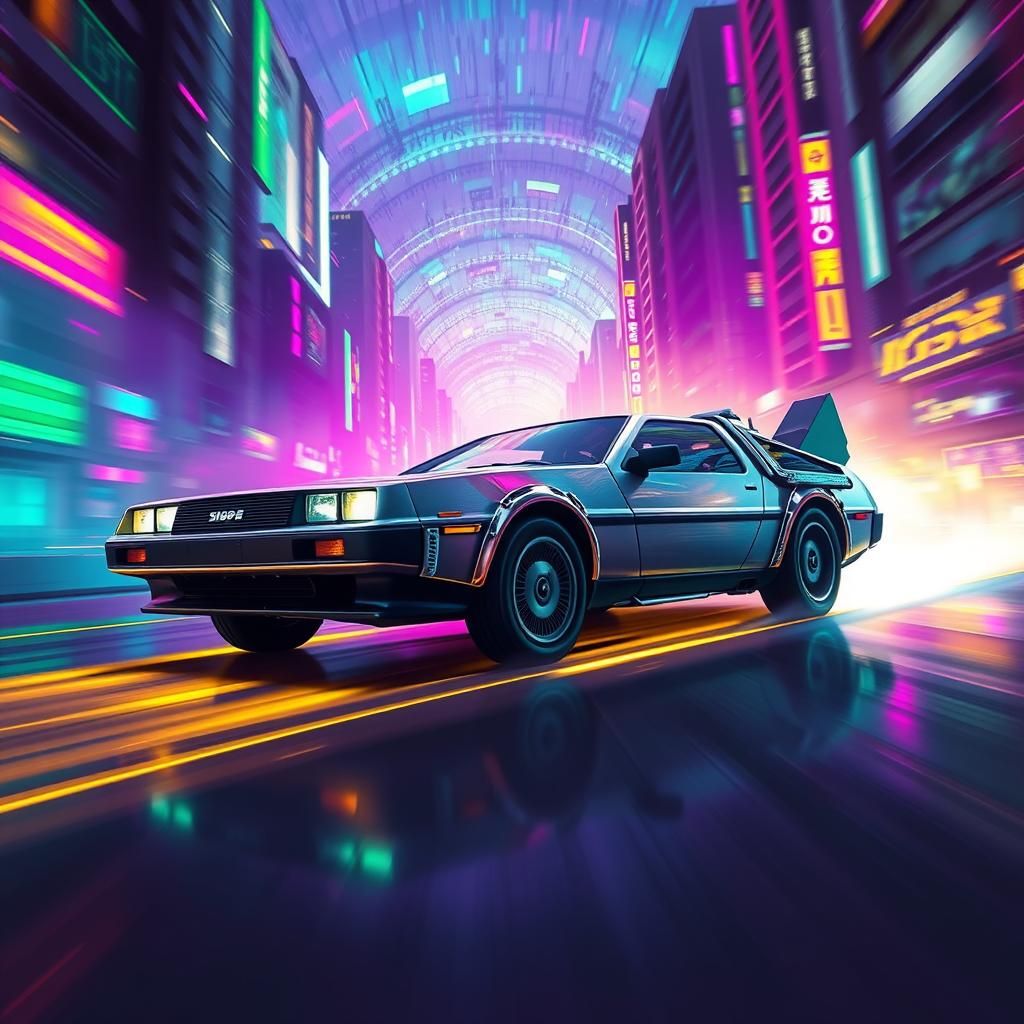 DeLorean Races Through Neon Metropolis as Matte Painting