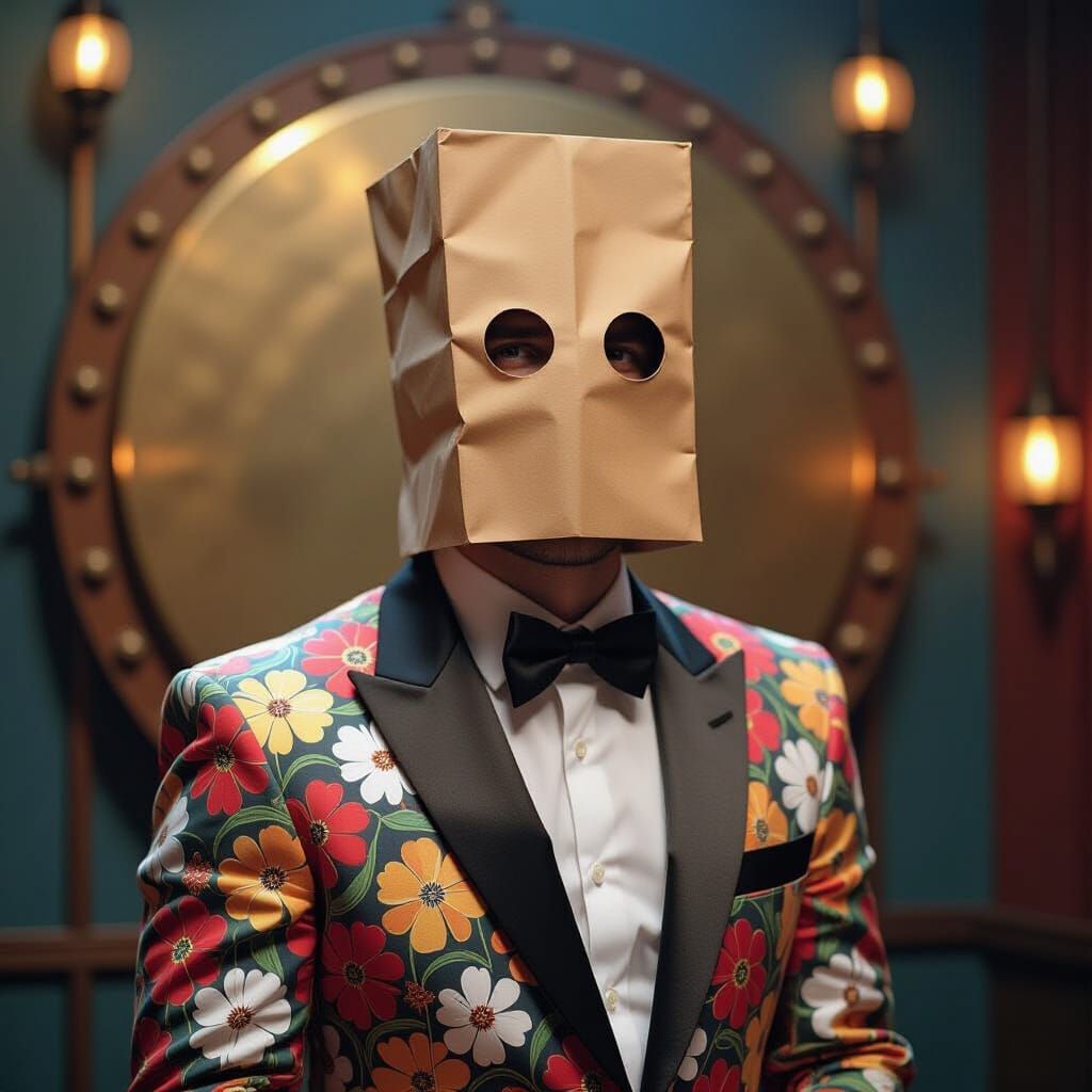 Hyperrealistic Comedian Performing with Paper Bag Mask