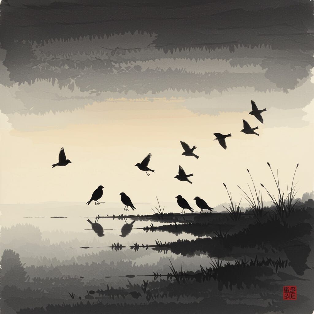 Minimalist Japanese Dawn Scene: Birds Praising Creator