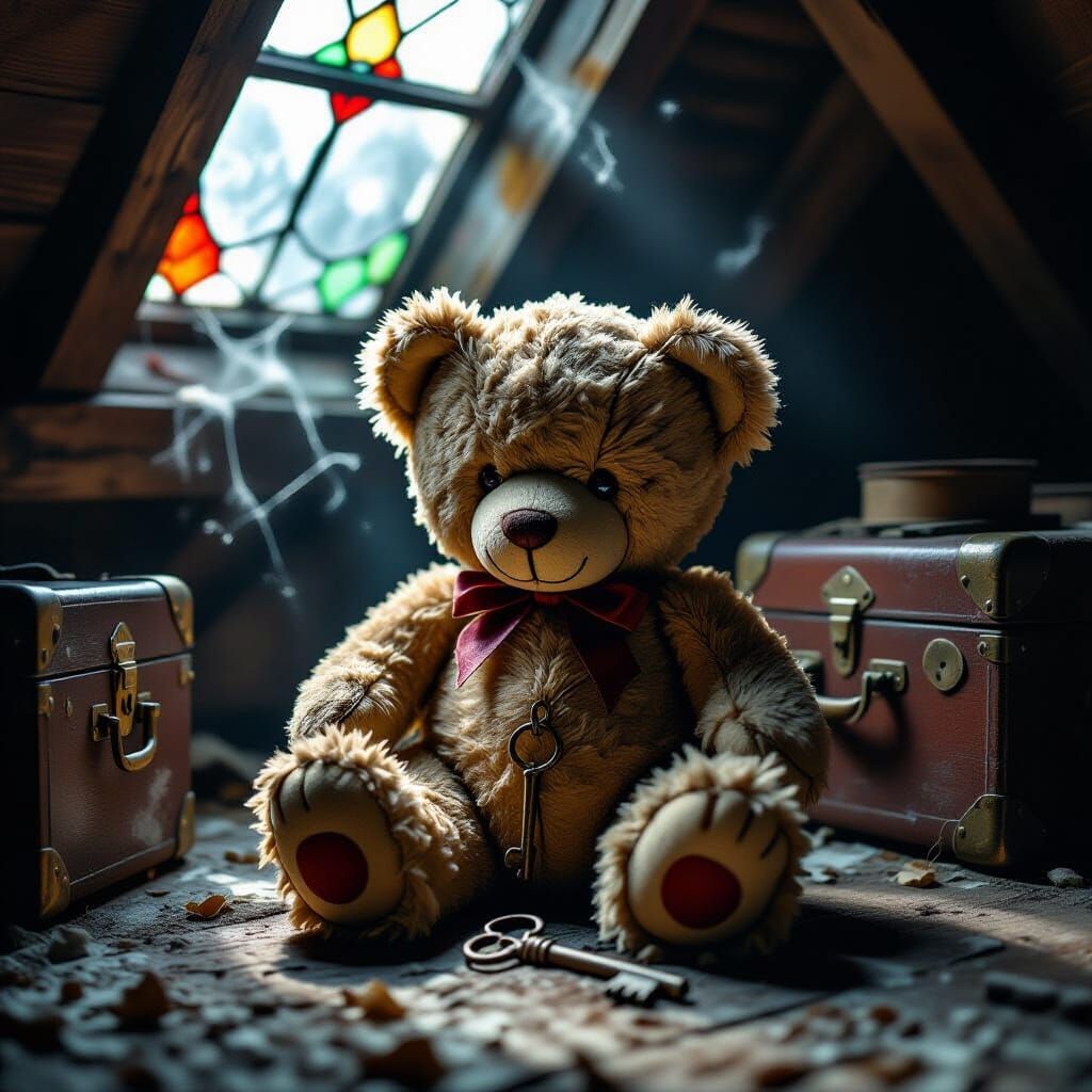 Tattered Teddy Bear in Dusty Attic Moonlight, Gothic Style
