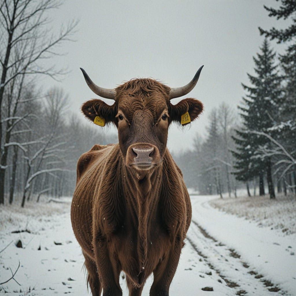 Cow in Winter Wonderland, in Cinematic Film Style