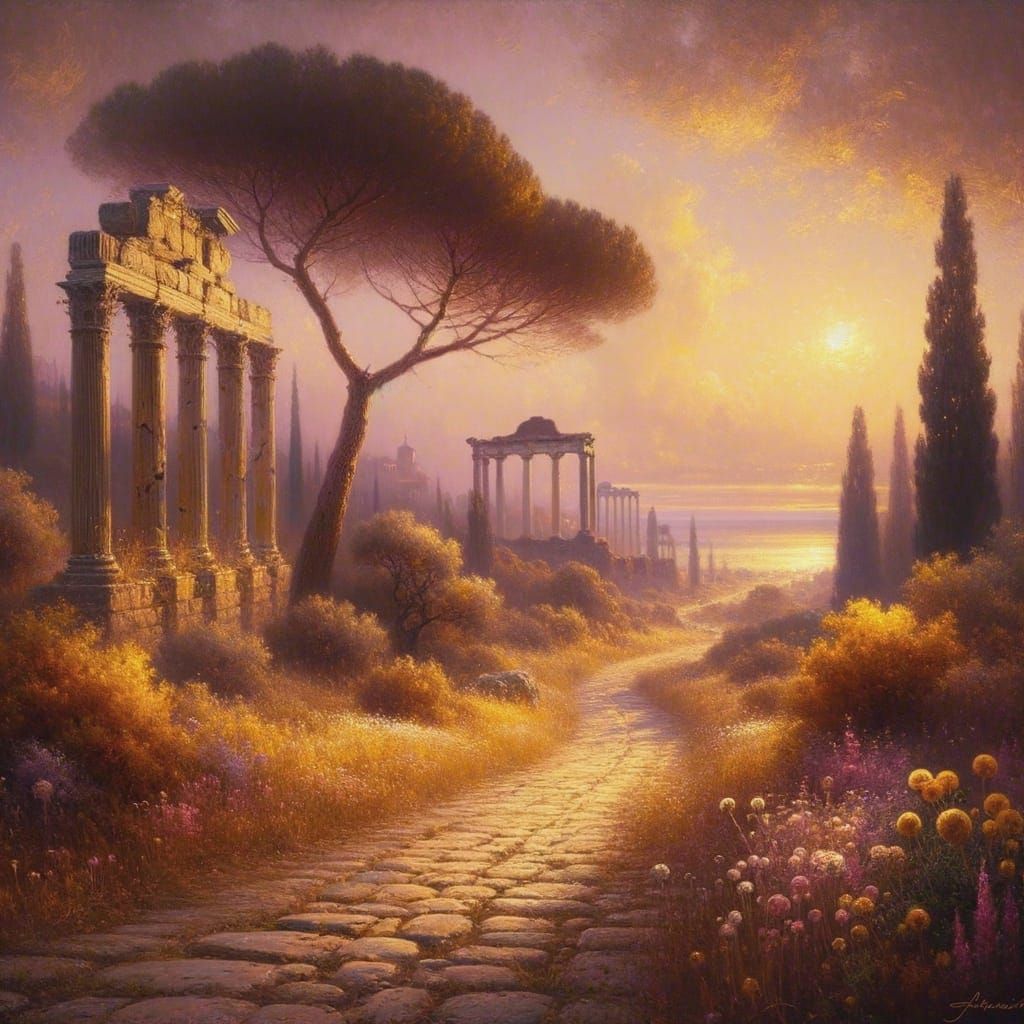 Ethereal Ostia Antica Panorama in Classic Romanticism Style