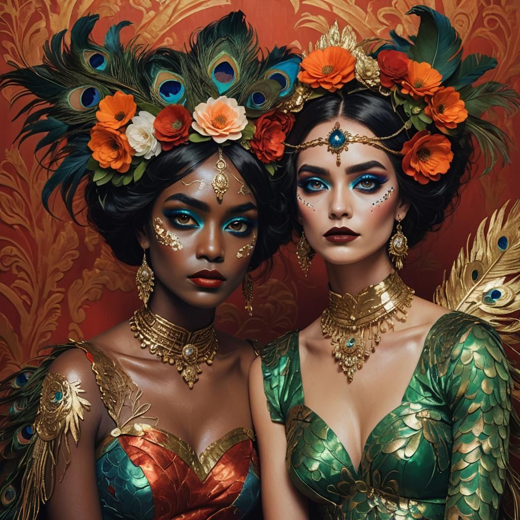 Fantasy Women with Peacock Feathers and Flower Crown