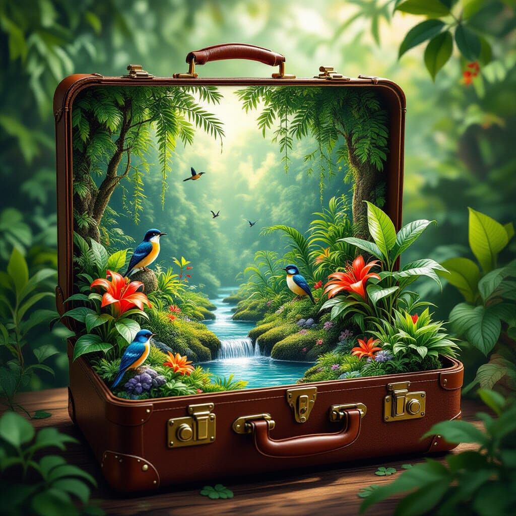 Rainforest Thrives Inside Vintage Suitcase: Digital Painting