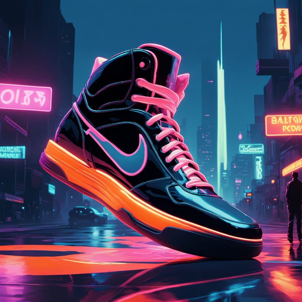Sleek, futuristic high top sneakers with intricately neon designed phoenix emblem, a basketball sitting next them, set a...