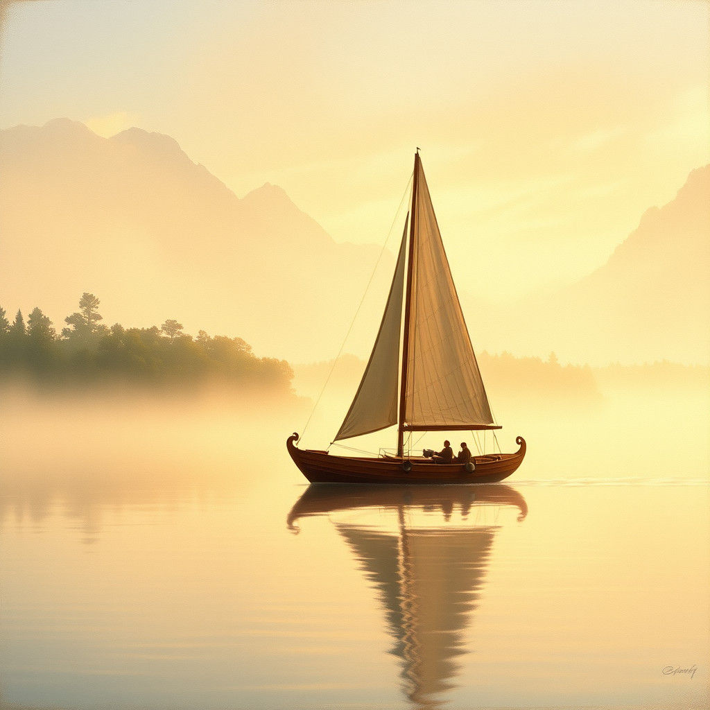 Sailboat on Misty Lake in Romantic Realism Style