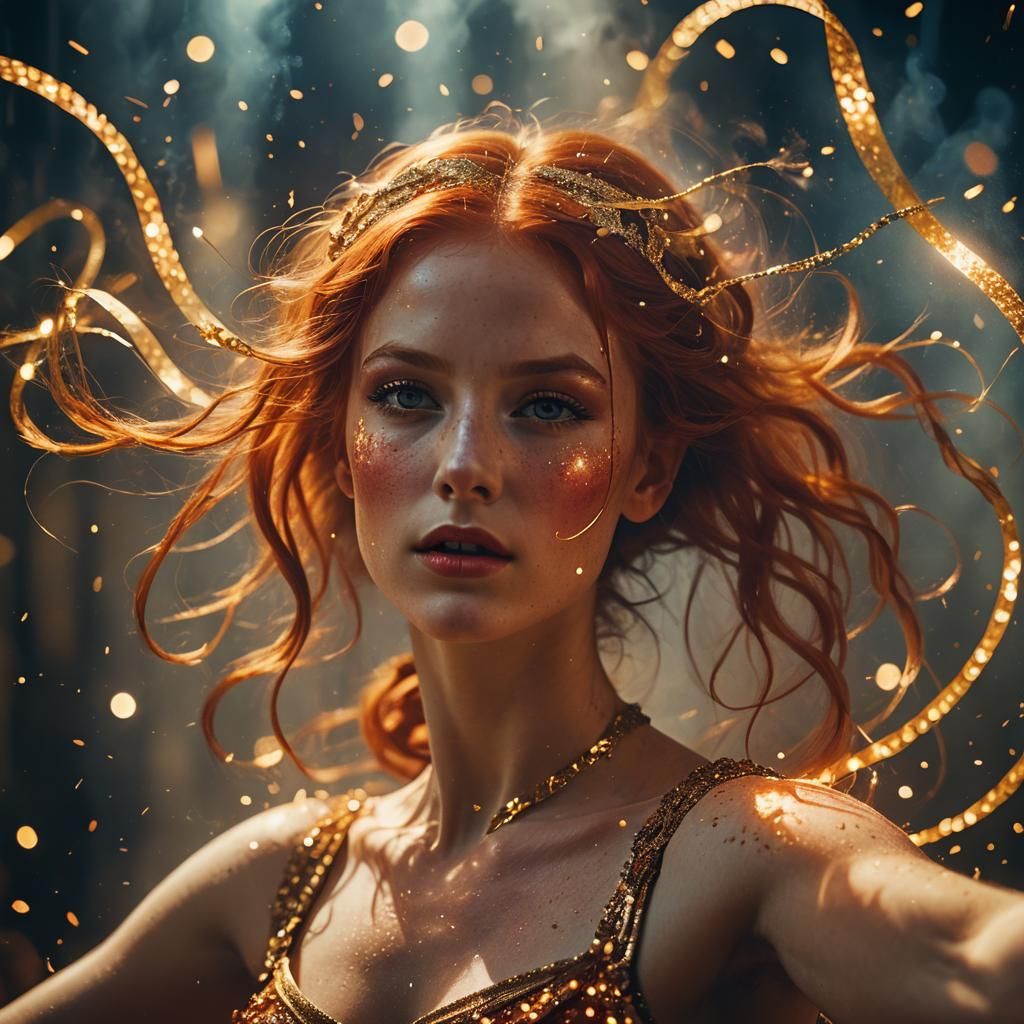 Fiery Red-Haired Dancer in Surreal Macro Portrait
