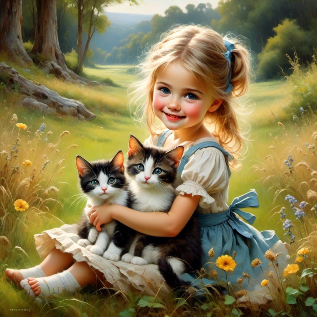 Girl and Cat in Meadow, Fantasy Digital Art