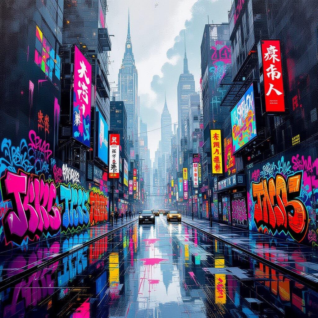 Vibrant Futuristic Metropolis in Digital Graffiti Art Style