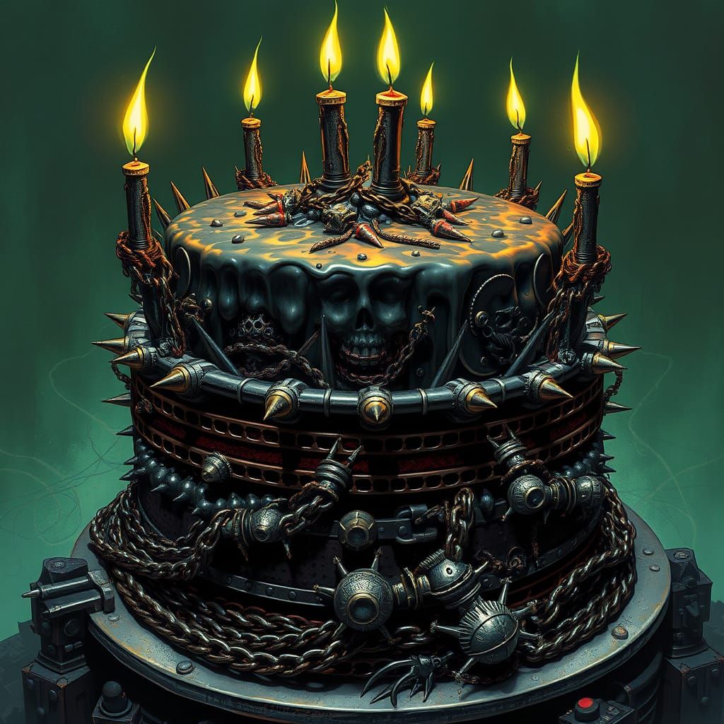 Gothic Metal Cake with Spikes and Eerie Green Candles