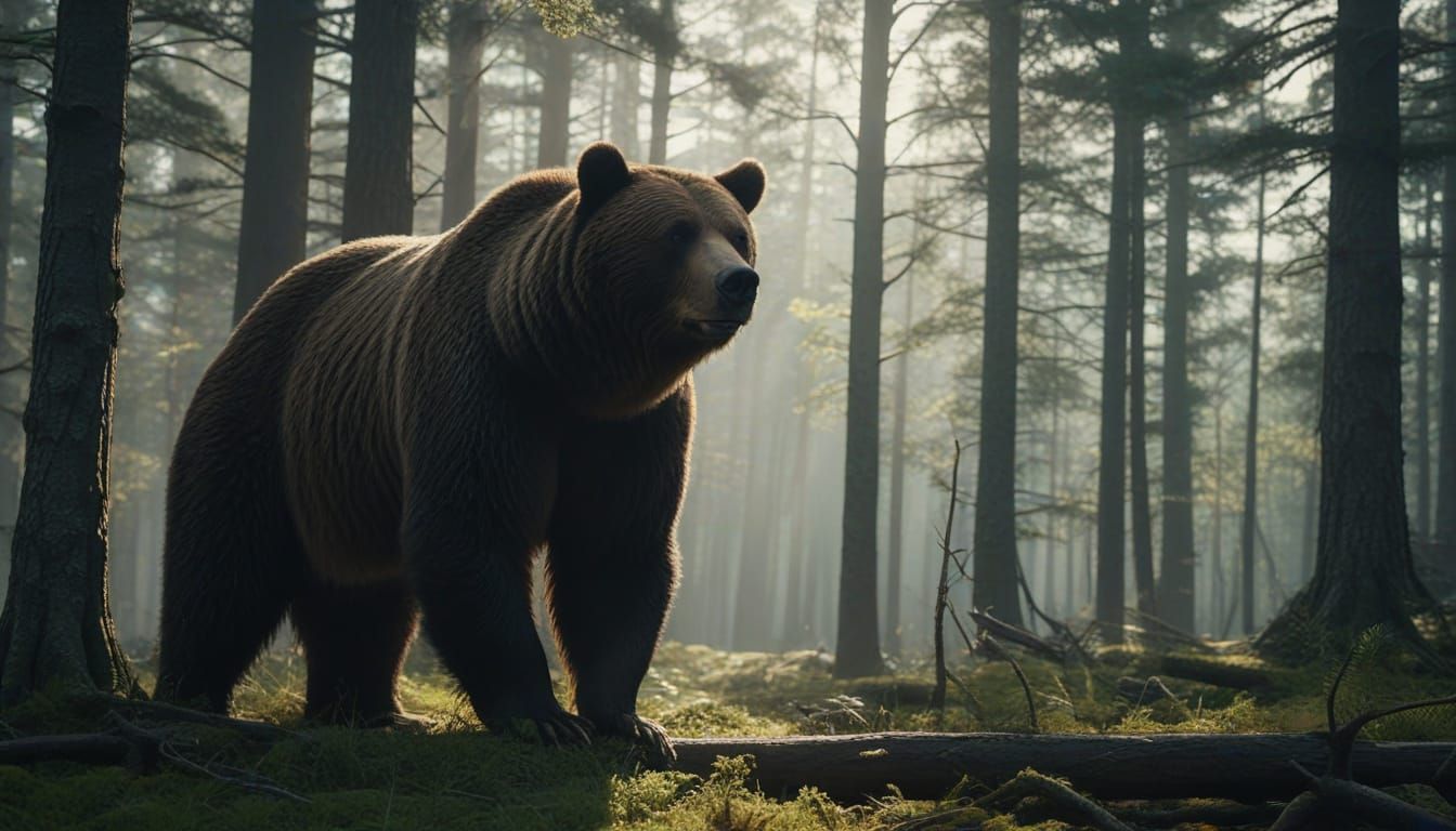 Epic Cinematic Bear Strolls Through Sunny Pine Forest