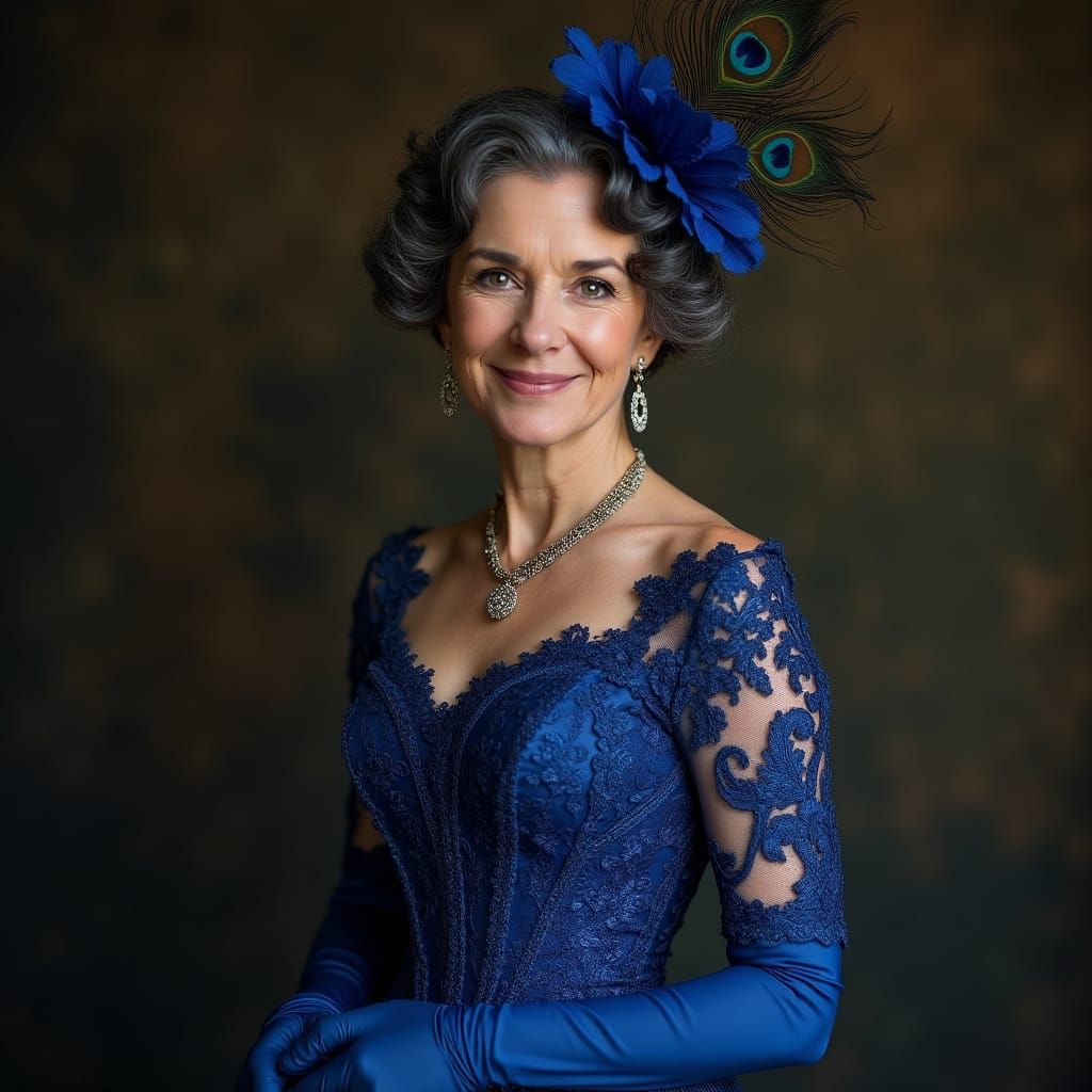 Victorian Woman in Sapphire Gown, Art Nouveau Style