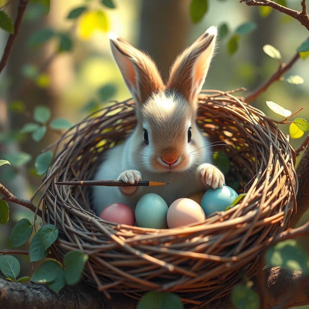 Surrealistic Bunny Paints Eggs in a Whimsical Forest Scene