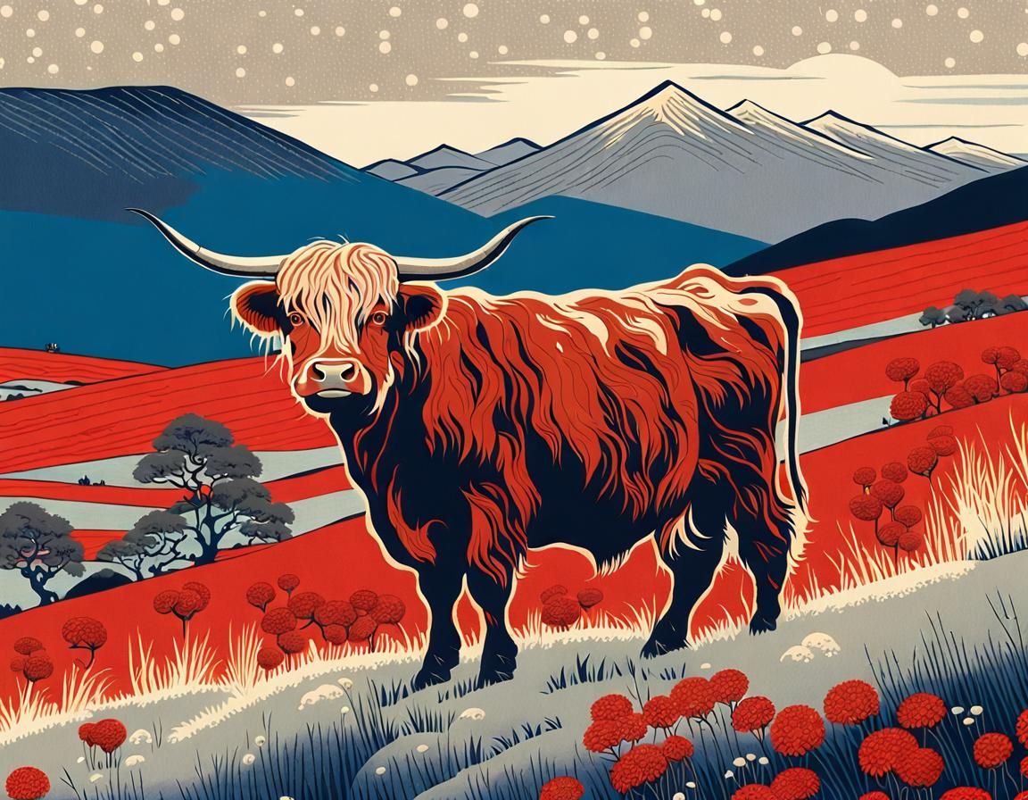 Highland Cow in Scottish Highlands, Ukiyo-e Style