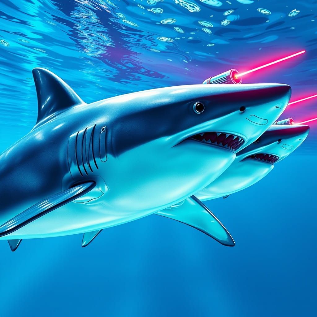 Majestic Laser-Attached Sharks in Cyberpunk-Style 3D Anime A...