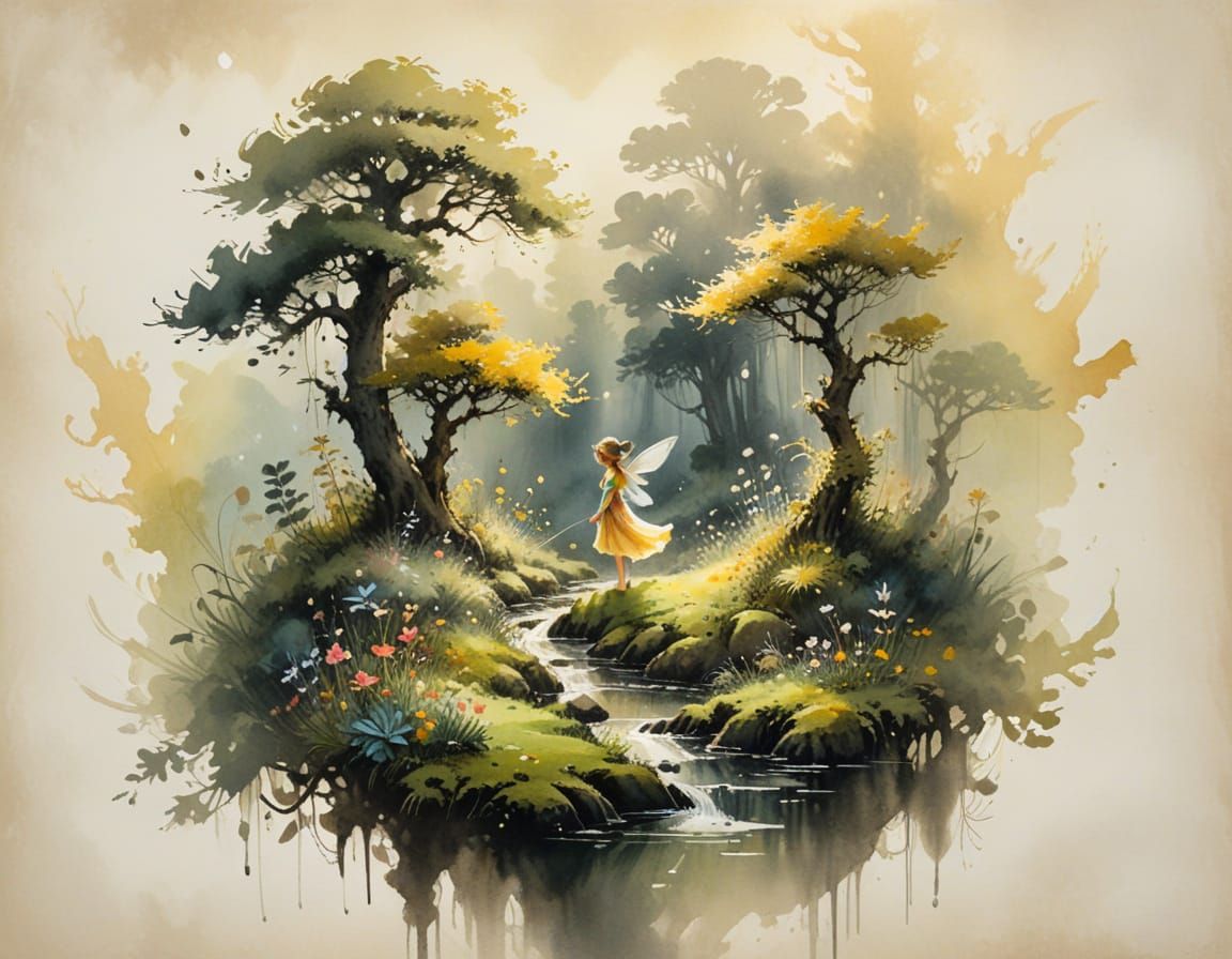 Fairy in Wildflower Ring: Ink Wash Art