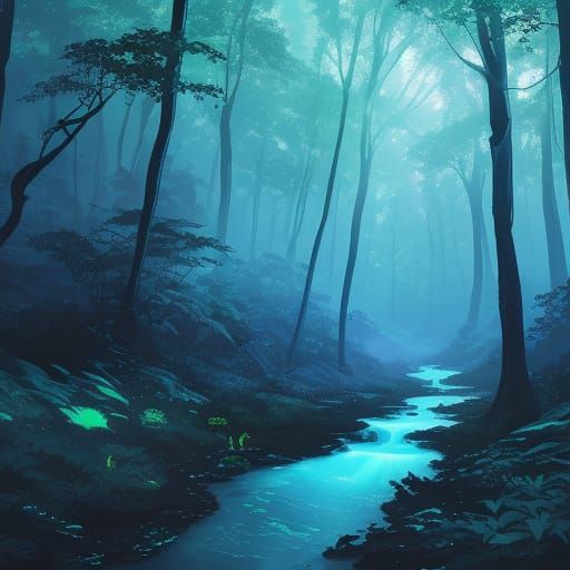 Surreal Futuristic Forest with Liquid Data Rivers