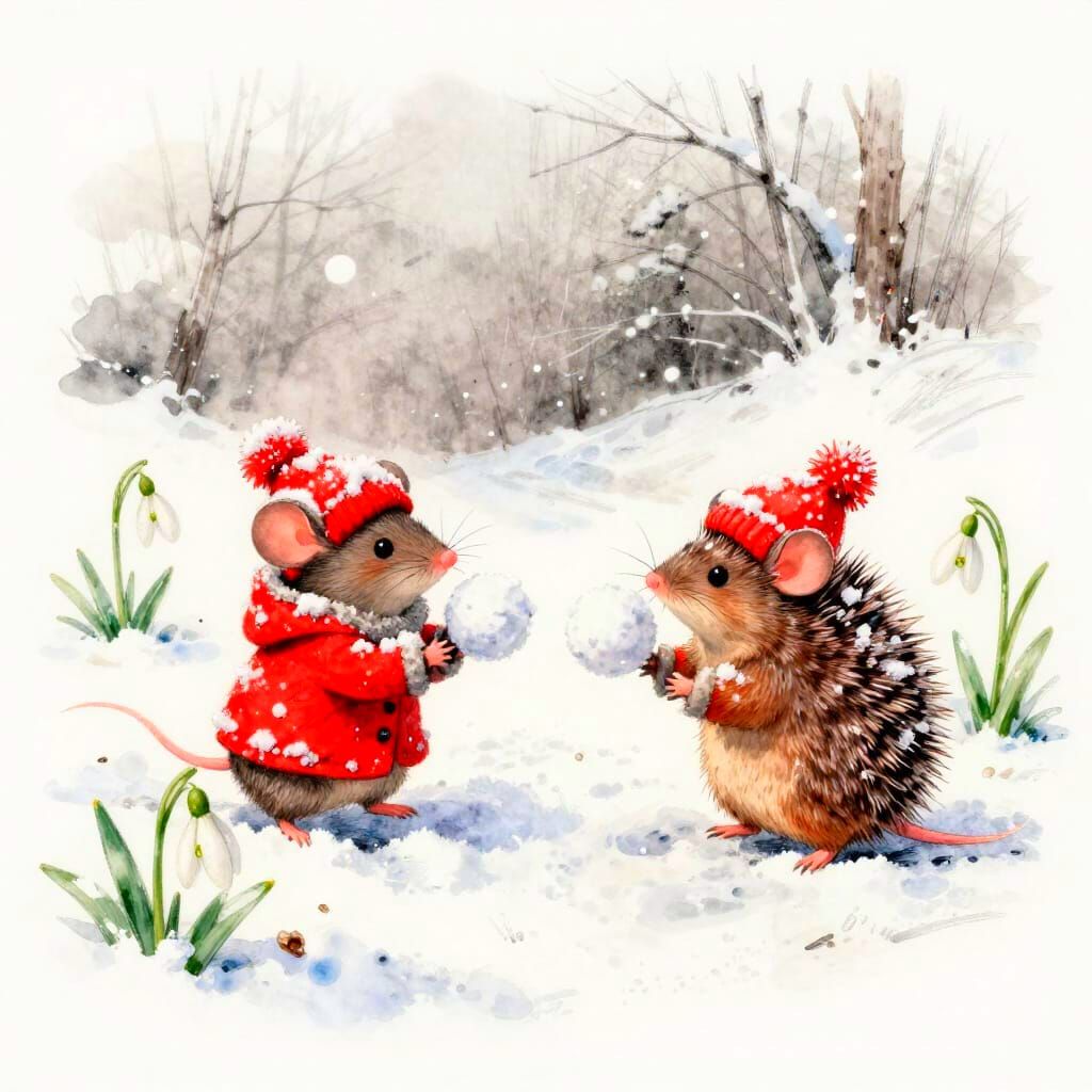 Mice and Hedgehogs Play Snowball Fight in Winter Wonderland