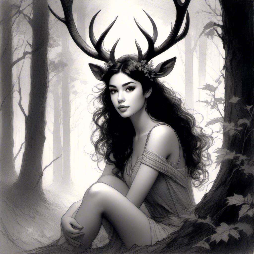 Mystical Forest Girl: Detailed Pencil Sketch