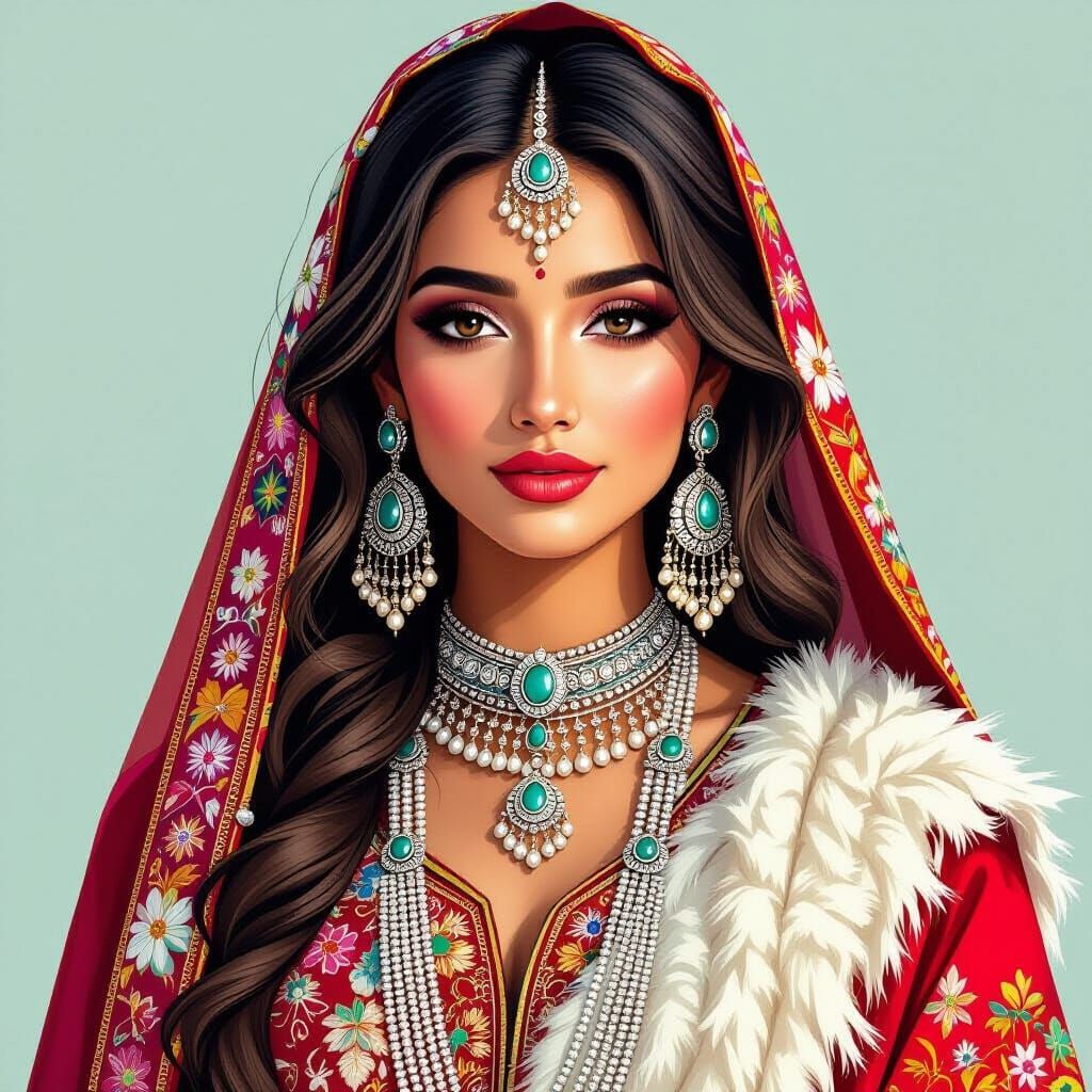 Kashmiri Woman in Ceremonial Dress with Pashmina Embroidery