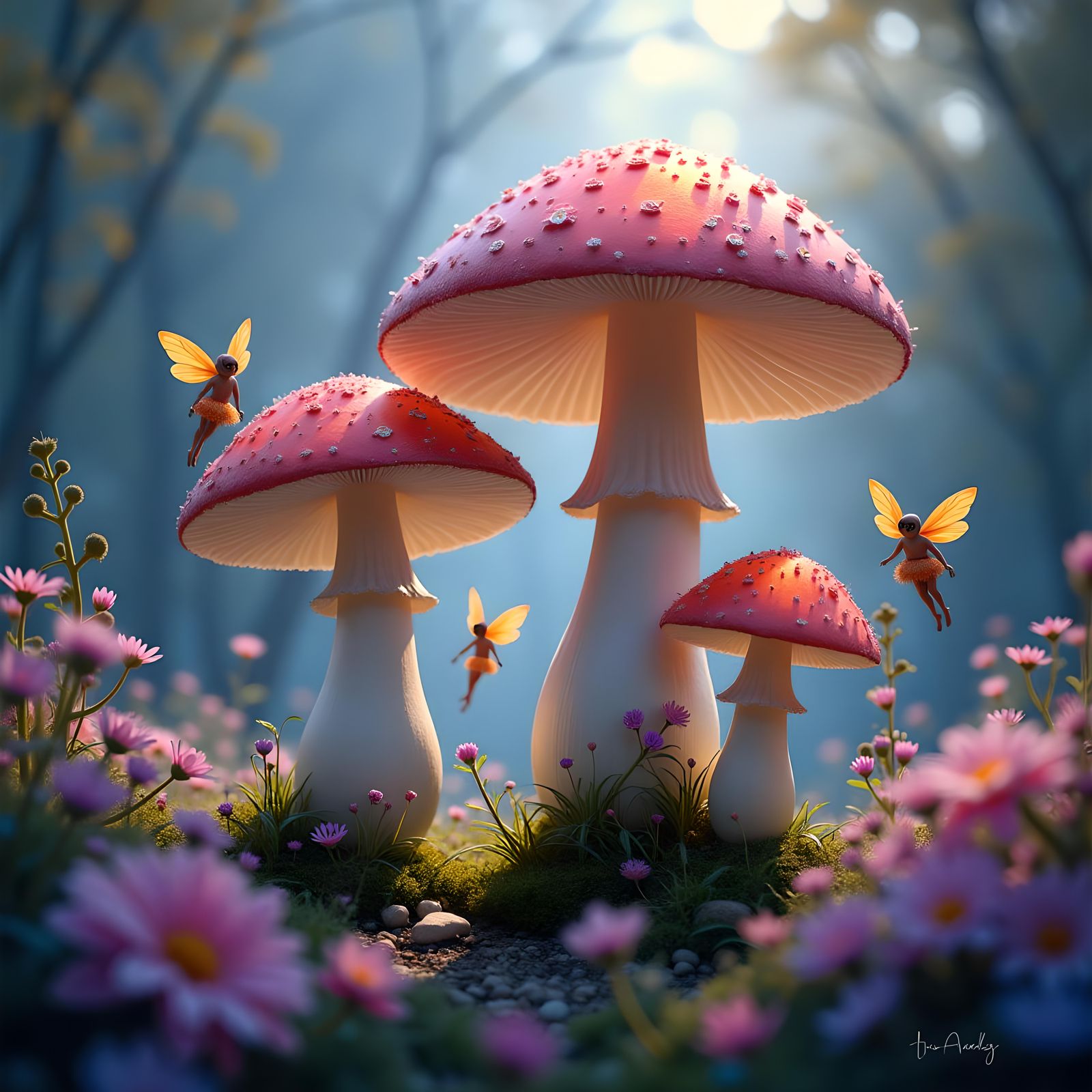 Fairies Tend Magic Mushrooms in Ethereal Forest